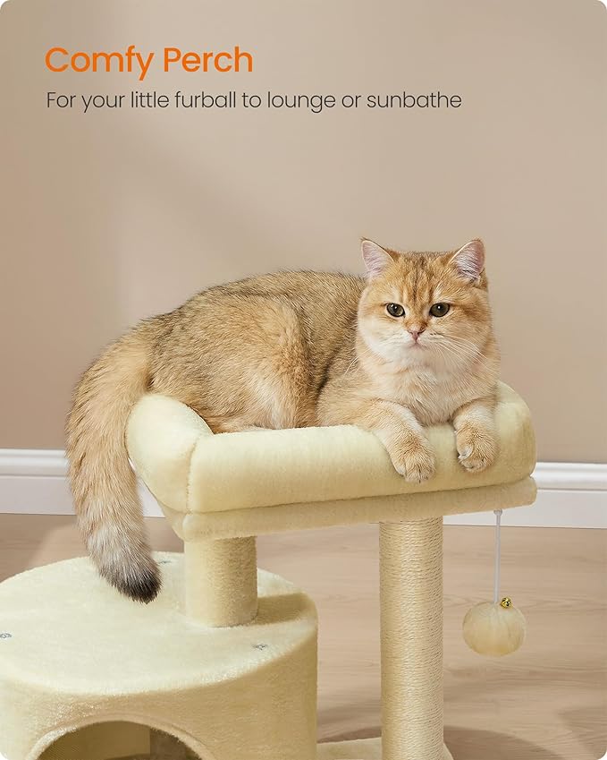Feandrea Cat Tree, Small Cat Tower with Sisal Scratching Post, Plush Condo with Padded Perch, for Small Spaces, Kittens, Sand Beige UPCT050LF01