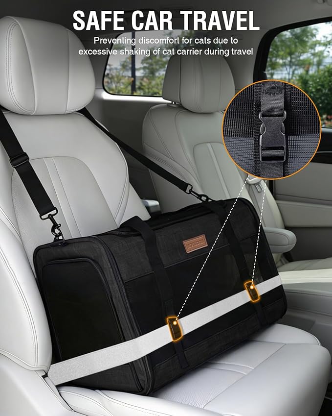 PETUX Large Pet Carrier for Large Cats ＆ Small Dogs - Up to 20Lb, Top and Side Entry, 4 Side Breathable, Foldable Soft Cat Travel Carrier with Safety Car Seat Buckle and Anti-Scratch Mesh - Black