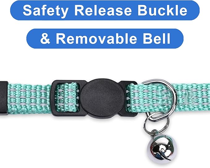 Pawtitas Reflective Teal Cat Collar with Safety Buckle and Removable Bell for Kitten and Cats