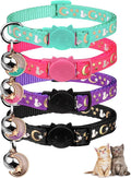 4PCS Cat Collar with Bells,Breakaway Cat Collars,Kitten Collar with Bell Moons Stars Cute Kitty Safe with Pendant,Cat Collars for Girl Cats 6.9-10.7 Inch(Black&Purple&Pink&Teal)