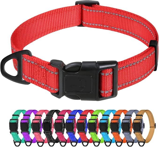 TagME Reflective Nylon Dog Collars, Adjustable Classic Pet Collar with Quick Release Buckle for Large Dogs, Red, 1.0" Width