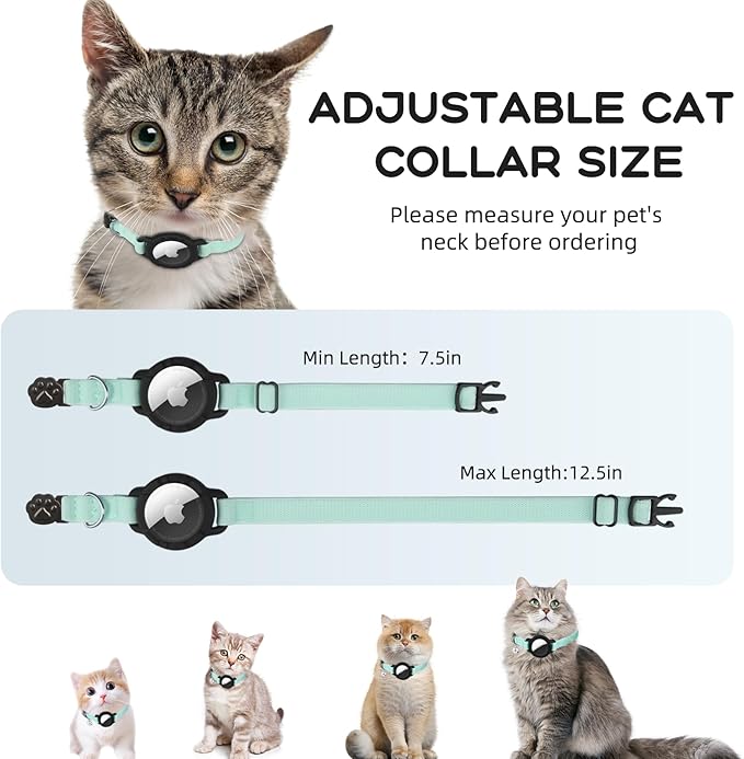 AirTag Cat Collars, Stretchy Collar with Apple AirTag Holder and Bell, Breakaway Ultra Design Elastic GPS Tracking Collars for Cats and Puppies, (7.5-12.5 Inch), Green