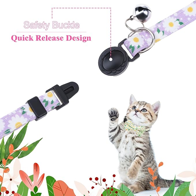 4 Pcs Breakaway Cat Collar with Bow Tie and Bell Floral Cat Kitten Collar with Removable Bowtie Adjustable Safety Collars for Girl Cats