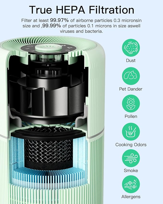 2 Pack Air Purifier for Home Bedroom with H13 True HEPA Filter for Smoke, Smokers, Dust, Odors, Pollen, Pet Dander | Quiet 99.9% Removal to 0.1 Microns | Green Available for California