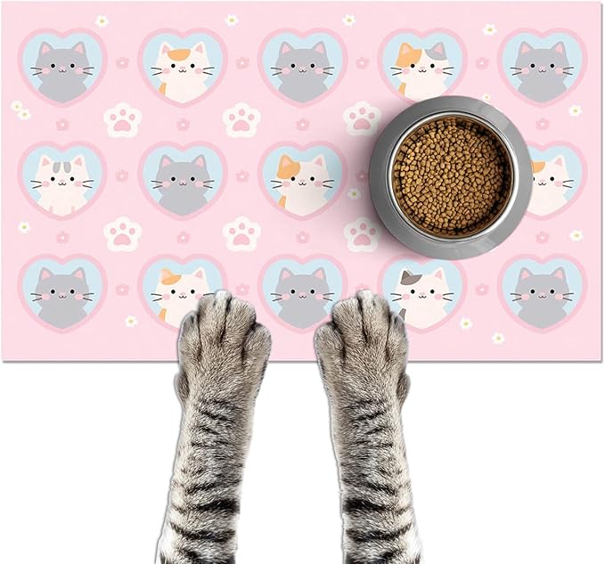 Cat Feedings Mats 20x12 inch Pink Kitten Print Pet Bowl Placemat Non Slip Mat for Cat Food and Water Indoor Kitty Feeding Station Cute Cats Meal Mats for Small Pets Kitchen Floor Use