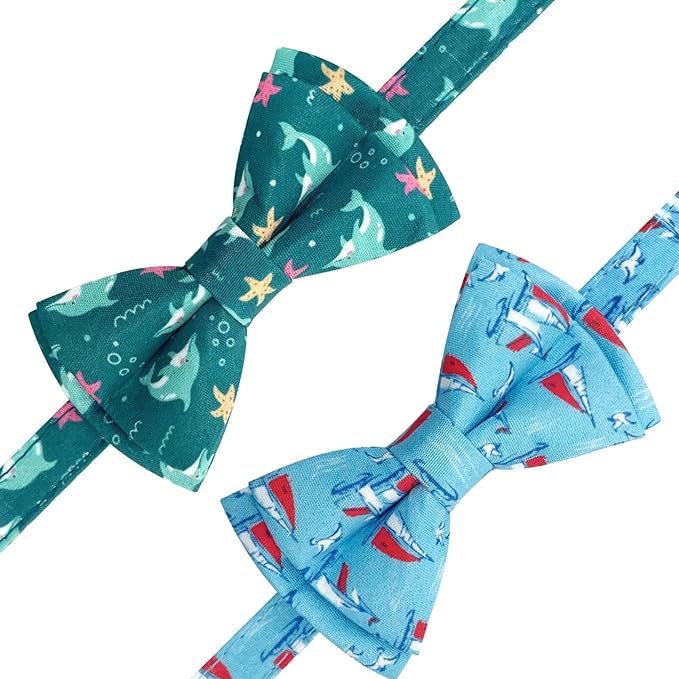 2 Pack Breakaway Cat Collar with Removable Bow Tie and Bell for Boy Girl Cats,Cute Cotton Kitten Collar with Purple Lavender and Red Flower Pattern for Female Male Cats (Dolphin&Sailboat)