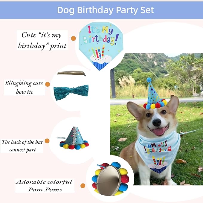 Pet Birthday Party Set with Hat and Bandana for Dogs and Cats with Star Pattern Design, Adjustable Sequin Bow tie Accessories, Blue Birthday Boy Scarf (Blue)