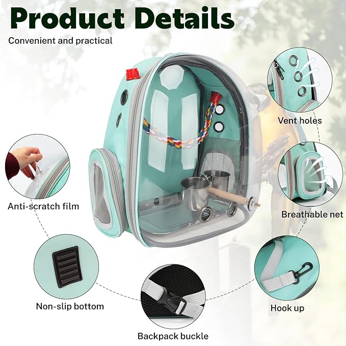 Rypet Bird Carrier Backpack Parrot Portable Breathable Bag Pet Bird Lightweight Travel Cage with Standing Perch and Stainless Steel Tray（Mint Green）