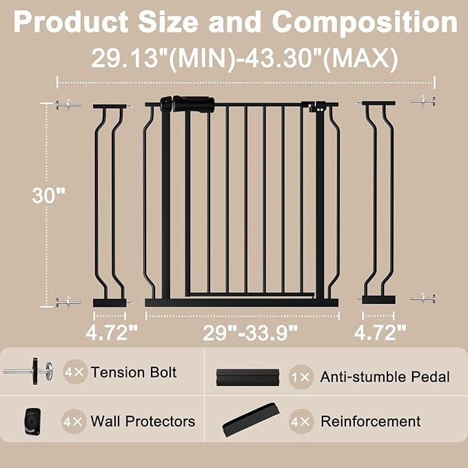 WAOWAO Baby Gate 29.13-43.3" Extra Wide Pressure Mounted Walk Through Swing Auto Close Safety Black Metal Toddler Kids Child Dog Pet Puppy for Stairs,Doorways,Kitchen