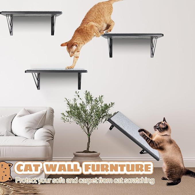 Cat Wall Shelves Set of 4, Purrfect Cat Furniture Set - 4 Piece Wooden Wall Shelves with Scratching Pad, Sleeping & Playing Area, Window Perch for Large Cats - Black