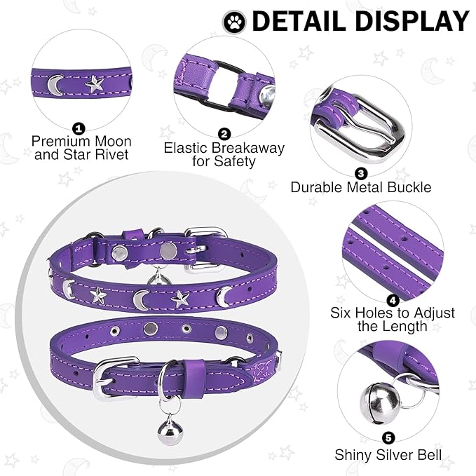 Leather Cat Collars for Boy Girl Cats with Bell and Safety Elastic Belt, Personalized Star and Moon Stud Adjustable Safe Buckle Collar for Kitty Small Big Cats Size 8-12 Inch, Purple