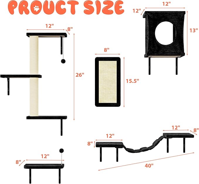 NUNU LAB Cat Wall Shelves Set, 5 Pcs Wall-Mounted Cat Climber with Cat House, Bridge, Scratching Post, Hammock, Wall Shelves, Black