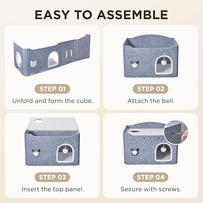 Joydeco Cat House for Indoor Cats, Extra Wide Scratch Resistant Felt Cat Condo, Hideaway Pet Cave Bed with Fluffy Ball and Tunnel for Kitten, Small Dogs, Rabbits, 22.4 x 13.7 x 14.9, Grey