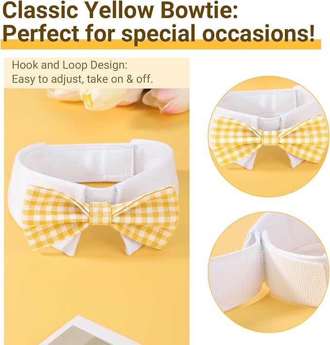 Segarty Dog Bow Tie, Adjustable Yellow Plaid Bowtie Collar for Neck Girth 10.2-12.6in, Medium Neck Tie Tuxedo Comfortable Cotton Boy Pet Grooming Accessory for Formal Wedding Holiday Birthday Party