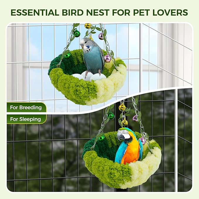 Bird Nest with Bell for Cage,Plush Hanging Bird Bed for Parakeet Indoor & Outdoor,Breeding Bird House for Conure,Budgie,Cockatiel,Lovebird,Canary,Finch,Hamster,Small Pets,Warm Nest,Green L