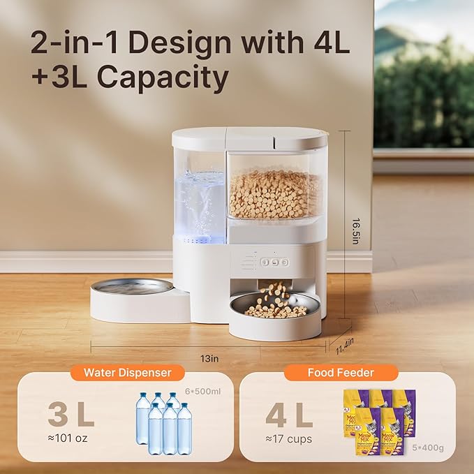 Automatic Cat Feeder and Water, 5G WiFi App Control Cat Food Dispenser, 4L Timed Pet Feeder and 3L Gravity Waterer, Voice Recording, Up to 10 Meal Daily with Dual Stainless Steel Bowl for Kitten,Puppy