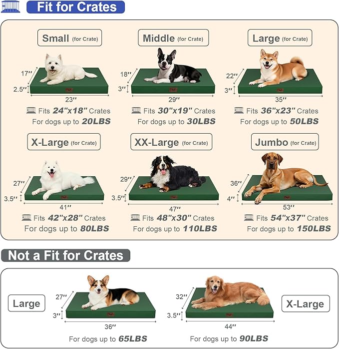 Outdoor Extra Large Dog Bed, Waterproof Dog Bed for Large Dogs, Orthopedic Egg Crate Foam Pet Bed with Washable Removable Oxford Cooling Cover, 44x32 Inch, Dark Green