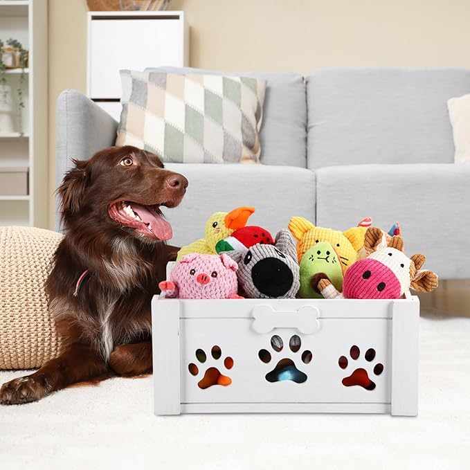 3 Pack Dog Toy Bin Wood Large Dog Toy Basket with Handle and Bone Tags Multi-size Hollow Claw White Wooden Storage Crates for Chew Pets Blankets Food Leash Display Accessories