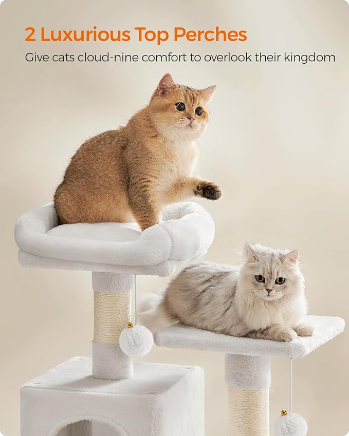 Feandrea Cat Tree, 59.5-Inch Tall Cat Tower, Plush Multi-Level Condo with 5 Scratching Posts, 2 Perches, 2 Caves, Hammock, 2 Pompoms, Cream White UPCT192T01