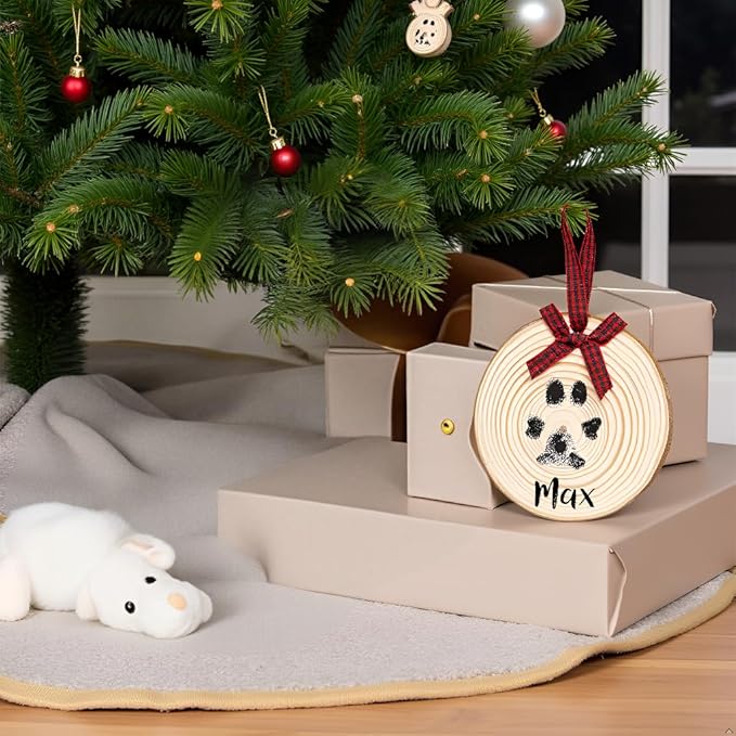 Pearhead Rustic Wood Paw Print Christmas Tree Ornament, Dog or Cat Pawprint Making Kit Included, DIY Personalized Pet Keepsake Ornament, Buffalo Check Hanging Ribbon