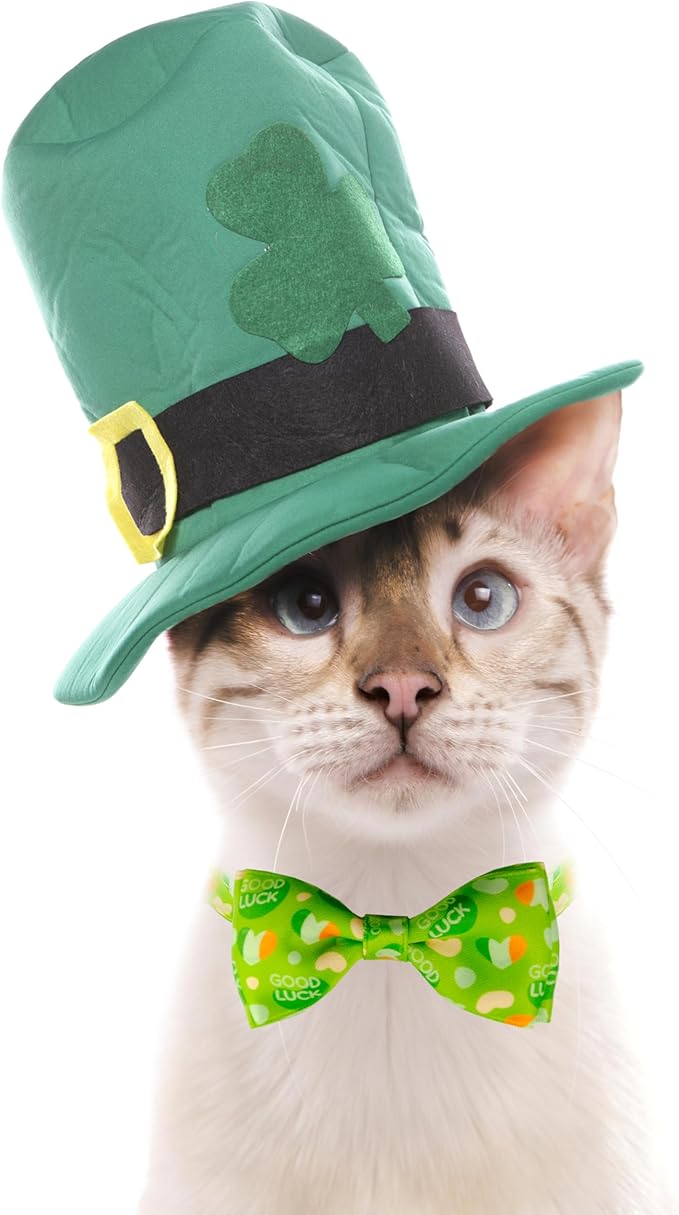 2 Pack St. Patrick's Day Cat Collars with Bow Tie and Charms, Adjustable Breakaway Shamrock and Clover Collars for Cats and Kittens, Holiday Festive Design for Boys and Girls