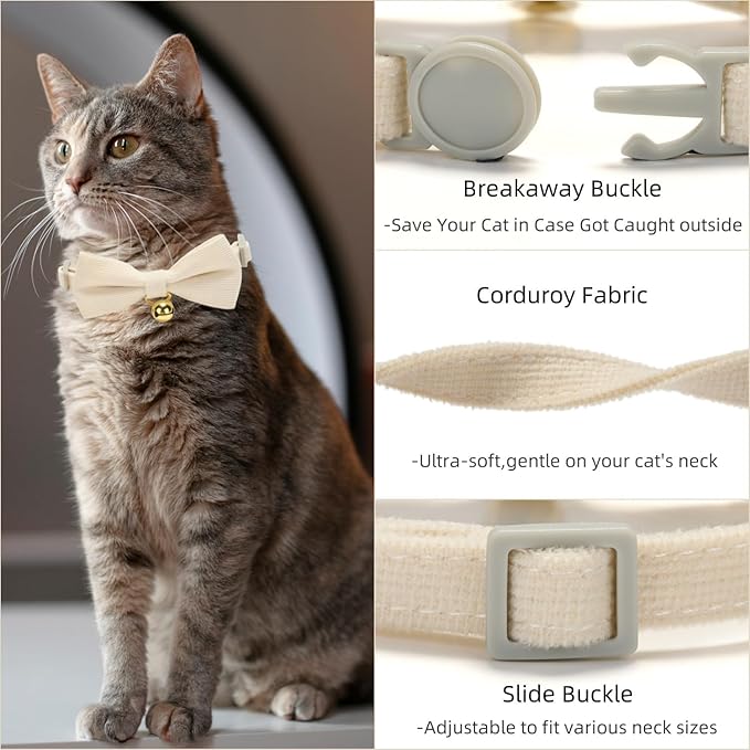 Soft Corduroy Cat Collar, Plaid Pattern, with Bell and Bowtie, Quick Release,Safety Breakaway Clasp, Adjustable for Kitten and Cats.(White+Blue)