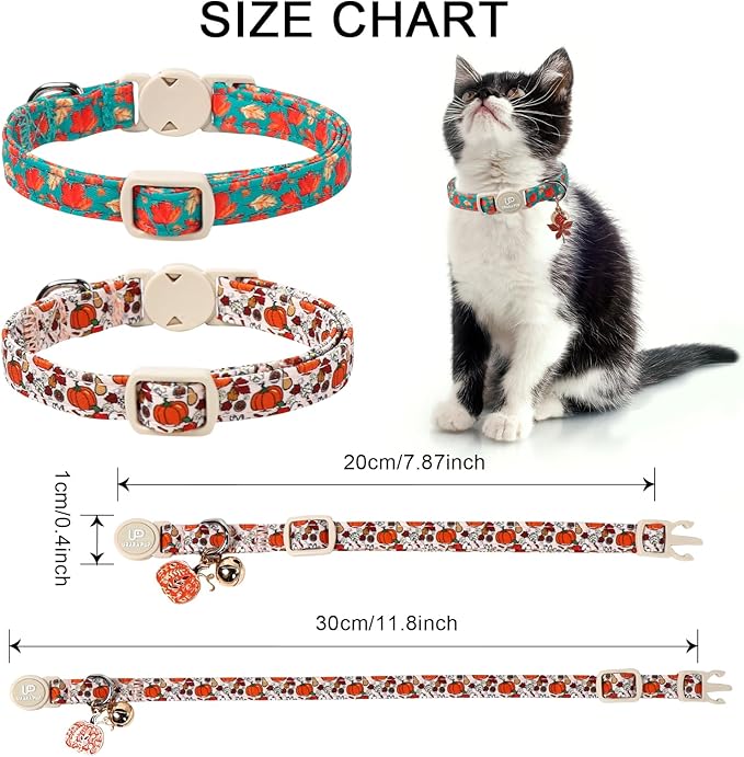 Fall Cat Collar-2Pack Autumn Kitten Collars-Halloween Breakaway Pumpkin Kitty Collars-Cute Pumpkin and Maple Leaf Pendants,Maple Leaf Cat Collar with Bell, for Girl & Boy Cats