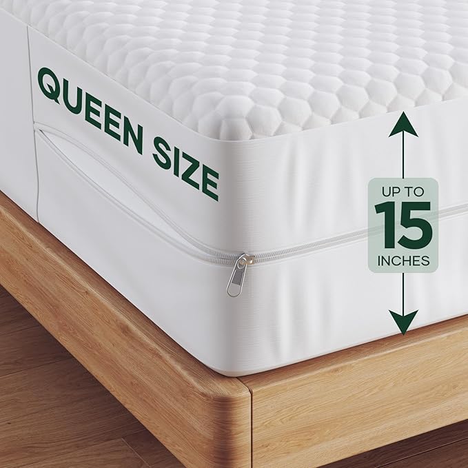 OhGeni 100% Waterproof Zippered Mattress Protector,Queen Size Mattress Encasement,Pet Hair & Bedwetting Resistant,Cooling Breathable Fitted Sheets,Non-Slip Deep Pocket,Washable Noiseless