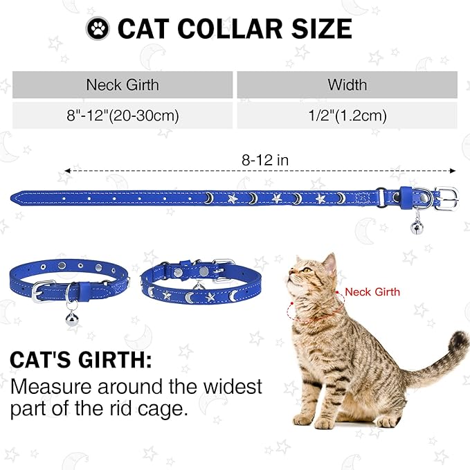 Leather Cat Collars for Boy Girl Cats with Bell and Safety Elastic Belt, Personalized Star and Moon Stud Adjustable Safe Buckle Collar for Kitty Small Big Cats Size 7-9 Inch, Blue