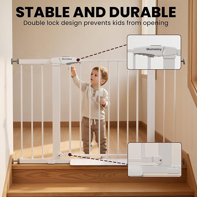 29.7-46" Extra Wide Baby Gate for Stairs, Pressure Mounted Dog Gate Indoor for Doorways, Auto Close Pet Gate with Walk Thru Door, Double Lock Child Safety Gate for Kids and Pet, No-Trip Design
