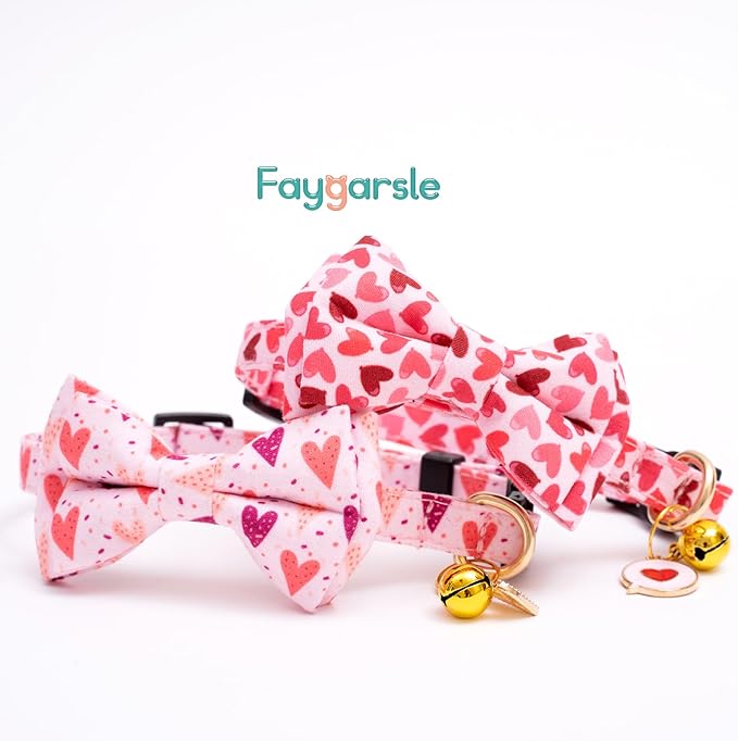 Faygarsle 2 Pack Valentine's Day Cat Collar Cute Loving Heart Printed Collar with Bow tie Breakaway Pink Purple Cat Collar for Boy Girl Cats
