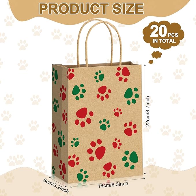 Blulu 20 Pcs Puppy Dog Paw Gift Bags with Paper Twist Handles, Dog Gift Paper Paw Treat Goodie Bags for PET Treat Party Favor, 6.3 x 3.1 x 8.6 Inch (Kraft Backing, Red Green Paws)
