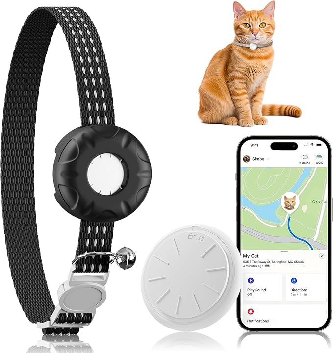 Cat Tracker, Lightweight GPS Tracker Compatible with Apple Find My App(Only iOS), Waterproof Cat Trackers Collar with Bell and Safety Elastic Buckle, Real-Time Location Pet Tracker, Black