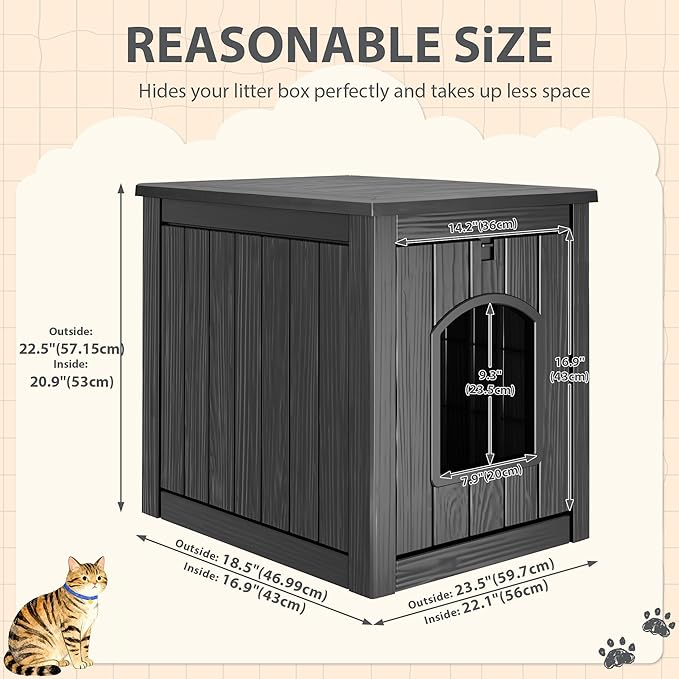 Cat Litter Box Enclosure, Hidden Litter Box with Openable Front Door, Outdoor Cat House Weatherproof, Side Table, Easy to Clean and Assembly, Dark Black