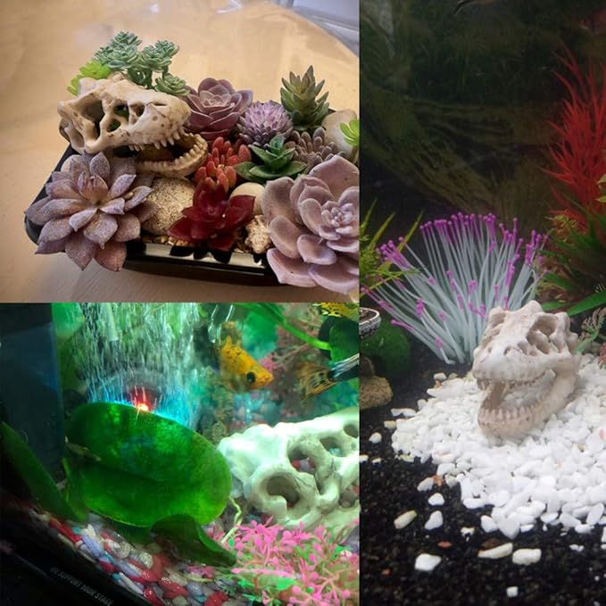 2 Pack Dinosaur Aquarium Decorations Skull Aquarium Ornament Mini Dinosaur Mold Decoration Tank Reptile Hide Decor with Holes Fish Tank Landscape Reptile Betta Fish Hideout Caves