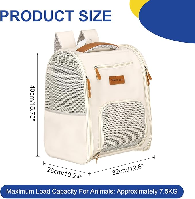Pet Backpack Carrier, Portable and Ventilated, Oxford Cloth, Dogs Cats and Little Animals Travel Bag 12.6", (Beige, 1 Pcs), Intended for Hiking/Camping/Traveling
