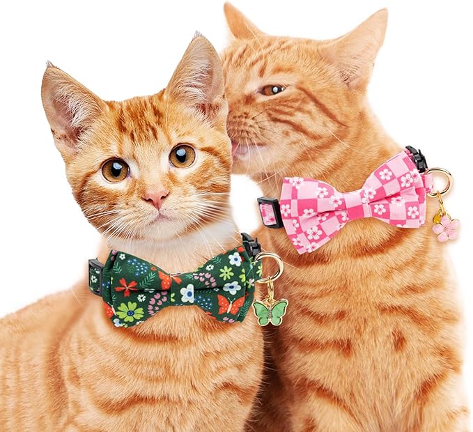 2 Pack Cotton Cat Collar with Bow Tie and Bell for Male Female Cats,Soft Fancy Breakaway Kitty Kitten Collar with Ghost& Pumpkin Patterned Design for Boy Girl Cats. (Butterfly&Flower)