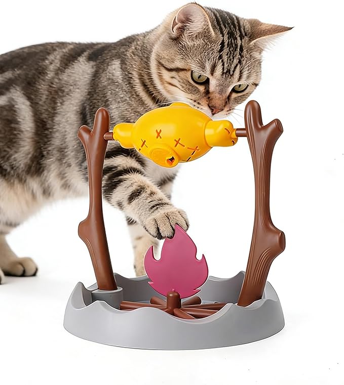 Cat BBQ Toy,11" High Cats Treat-Dispensing Slow Feeder,Pets Dry Food Dispenser,Cats Slow Feeding Snack Bowl, Grilled Fish Spinning Toy, Food Puzzle Cat Toy