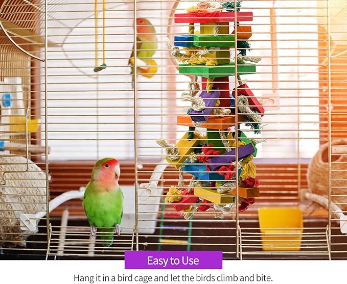 RUBY.Q 2 Pack Large Parrot Toy, 20in Bird Parrot Toy, Multicolored Natural Wooden Bird Chewing Toys for Large Macaws, African Grey and a Variety of Amazon Parrots