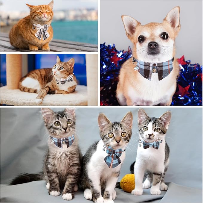 Cat Collar with Bells Breakaway, Bowtie Cat Collar for Boy Girl Cats with Removable Shirt Collar, Cute Plaid Kitten Collar with Bell & Pendant Adjustable, 2 Pack Blue Cat Necklace for Cat Pet