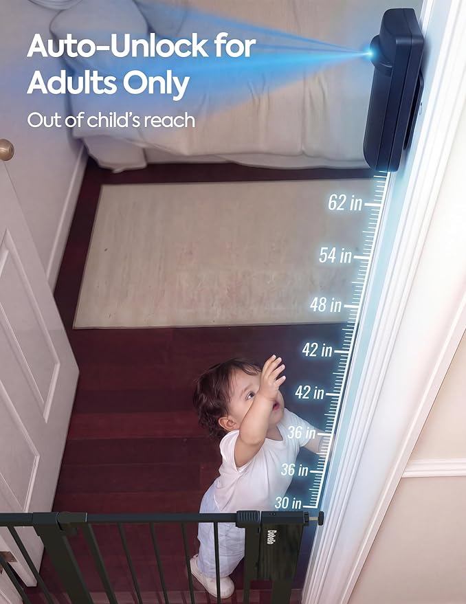 Babelio Smart Baby Gate with Auto-Unlock/Close, Pressure Mounted No Drill for Doorways/Top of Stairs. Pet/Dog Door Wide Walk Thru w/Infrared Sensor & Instant Safety Alert (Black, 26.3-37.8" W, 30" H)