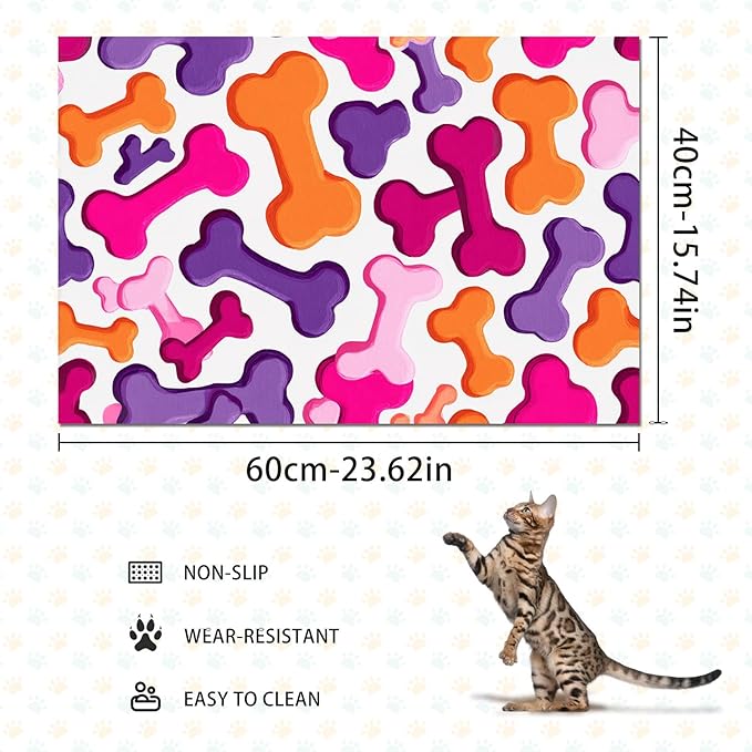 Colorful Dog Bone Pattern Pet Food Mat for Dog Food and Water Bowl Pet Feeding Bowl Mats for Pet Feeding Areas Funning Easy Clean Fast Dry Cat Water Bowl Mat 24" x 16"