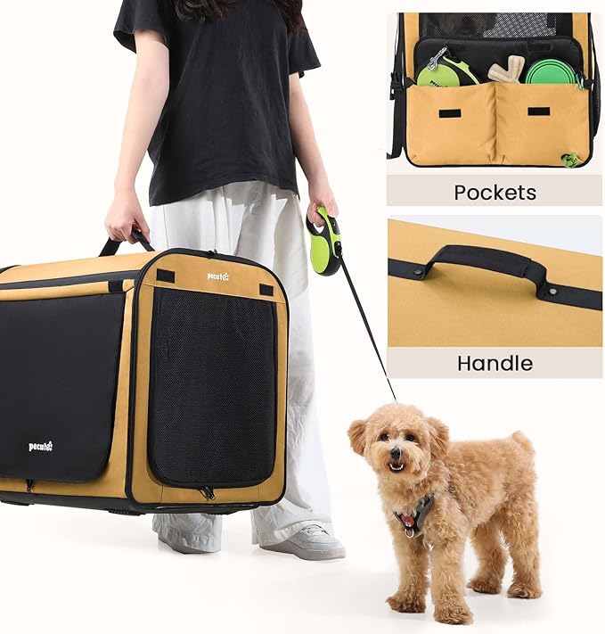 Dog Car Carrier Light Weight 24×17.7×20.5 in, Dog Carrier Easy to Assemble, Dog Car Crate Portable and Breathable, Foldable Pet Carrier for Indoor and Outdoor Use, Dogs Travel Crate with Curtain Brown