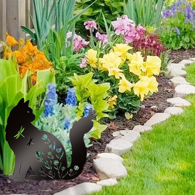 Bnesi Floral Long-Haired Cat Yard Decor Pet Grave Markers Metal Sign Silhouette Garden Ornament Pet Grave Markers Outdoor Cat Memorial Gift Flowerbed Decor (Elegant)
