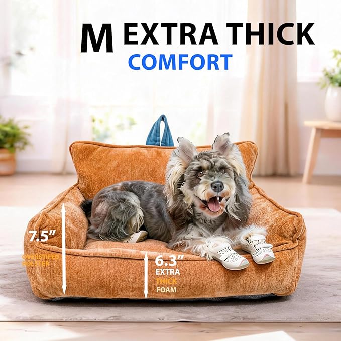 Orthopedic Dog Bed with Memory Foam, Washable Plush Pet Bed for Small, Medium & Large Dogs, Cozy Bolster Crate Dog Bed for Joint Support & Comfort.(Orange)