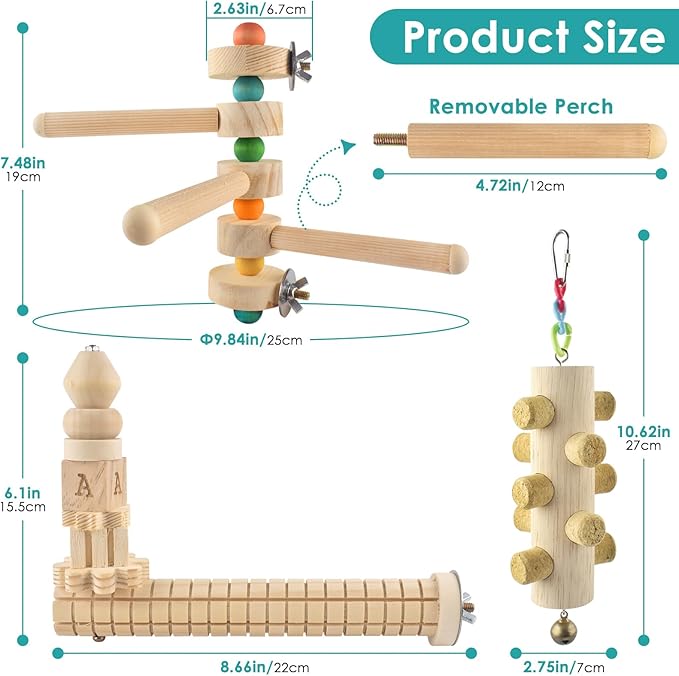 3pcs Natural Wood Bird Perch Toys, Rotating Perch Stand, L-Shaped Perches with Chew Block, Hanging Cork Stopper Toy, Birdcage Accessories for Small Medium Parrots Cockatiels Quaker Caique