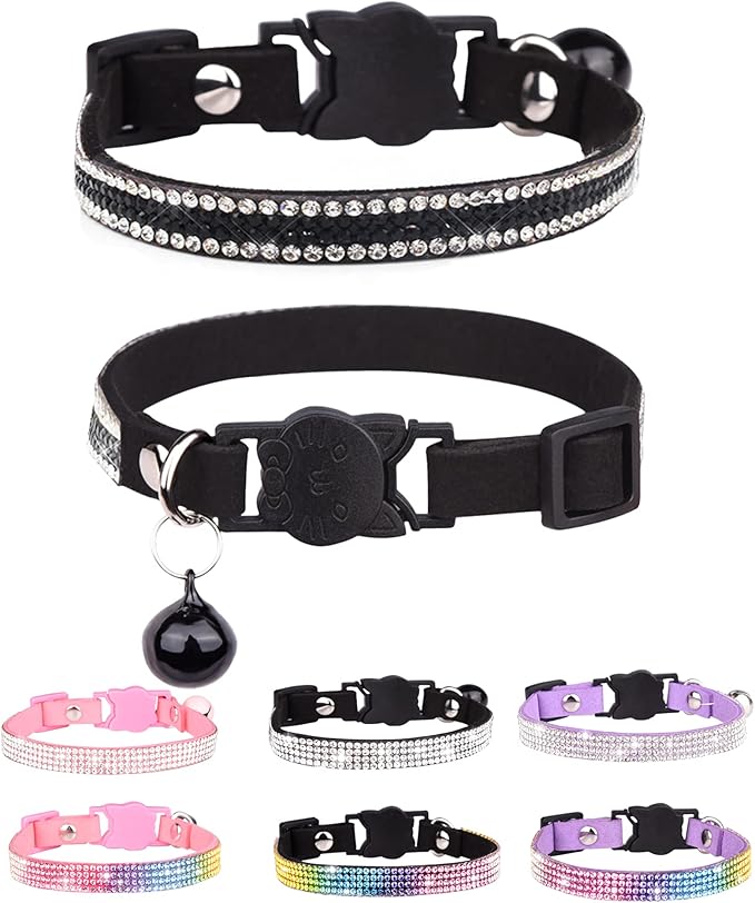 Cat Collars for Girl Cats with Rhinestone Soft Velvet,Breakaway Cat Collars with Bell,Adjustable Safe Kitten Collar (Black White)