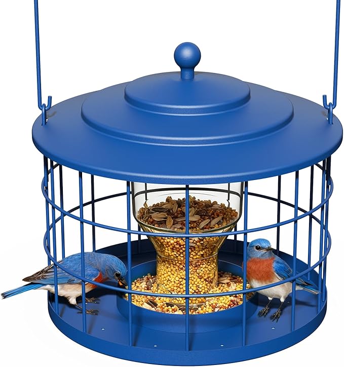 Squirrel Proof Bird Feeder, Metal Cage Bird Feeder for Outdoors Hanging, Starling Resistant Design for Small Birds, Weatherproof with Drain Holes, Easy to Refill, Blue