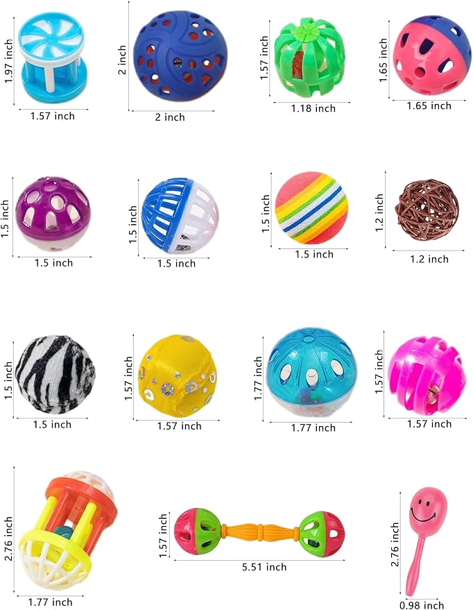18-Pack Bird Toys Set for Parrots & Small Birds – Colorful Plastic & Rattan Balls with Bells (1.5'' - 5.5'')