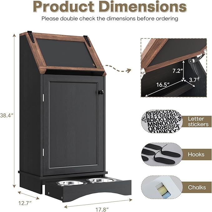 Flip-Top Dog Feeding Station, Dog Food Cabinet with Storage, Dog Food Station with Hidden Feeding Bowls, Pet Storage Cabinet, Dog Storage Organizer, Pet Food Holder, Black Oak Grain